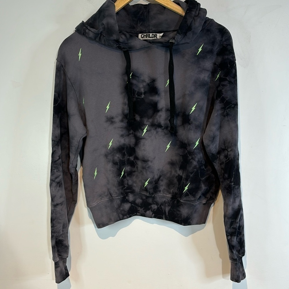 CHRLDR black/gray tie-dye glitter lightning bolt cropped hoodie size XS